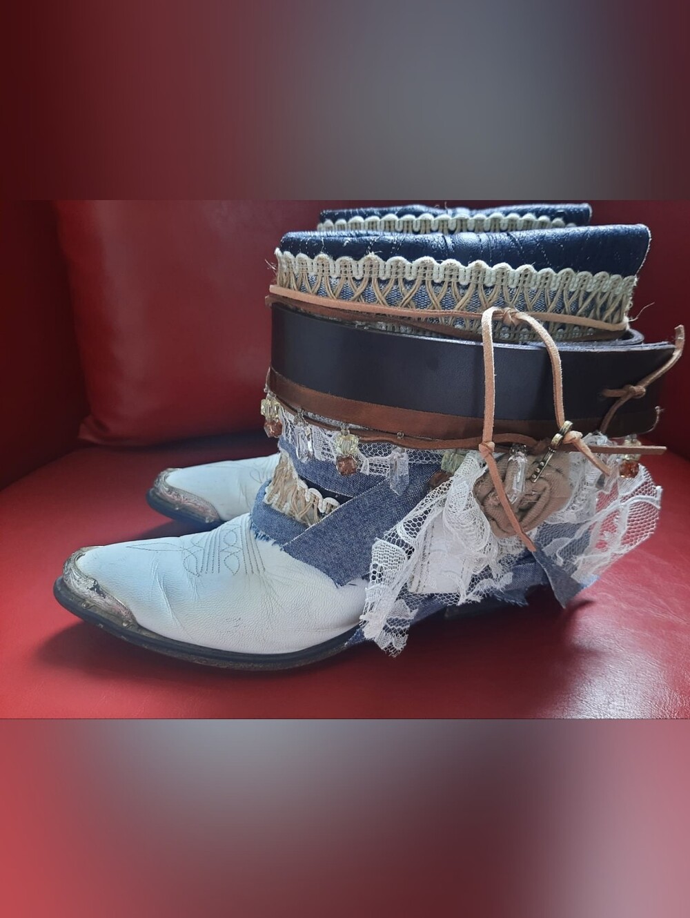 Embellished White Leather Cowboy Boots with Denim & Lace
